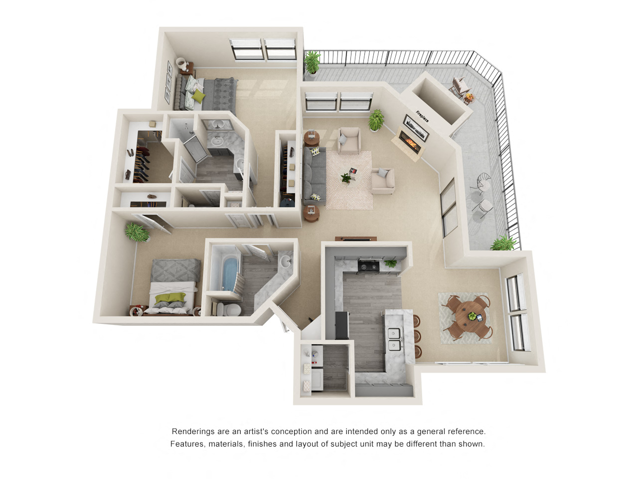 Floor plan for 2 beds, 2 baths, 1412 sqft